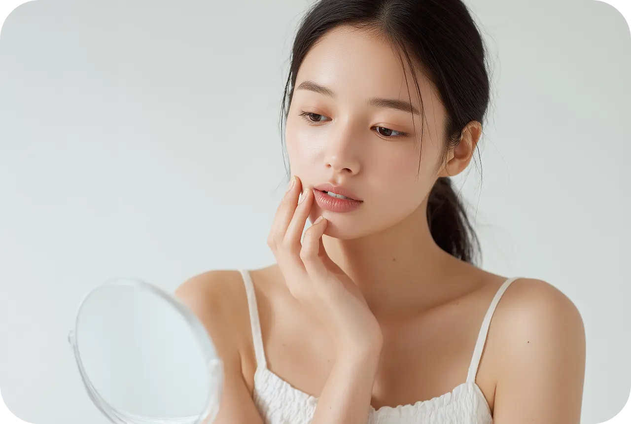頬に手を添えて肌の調子を確かめる女性