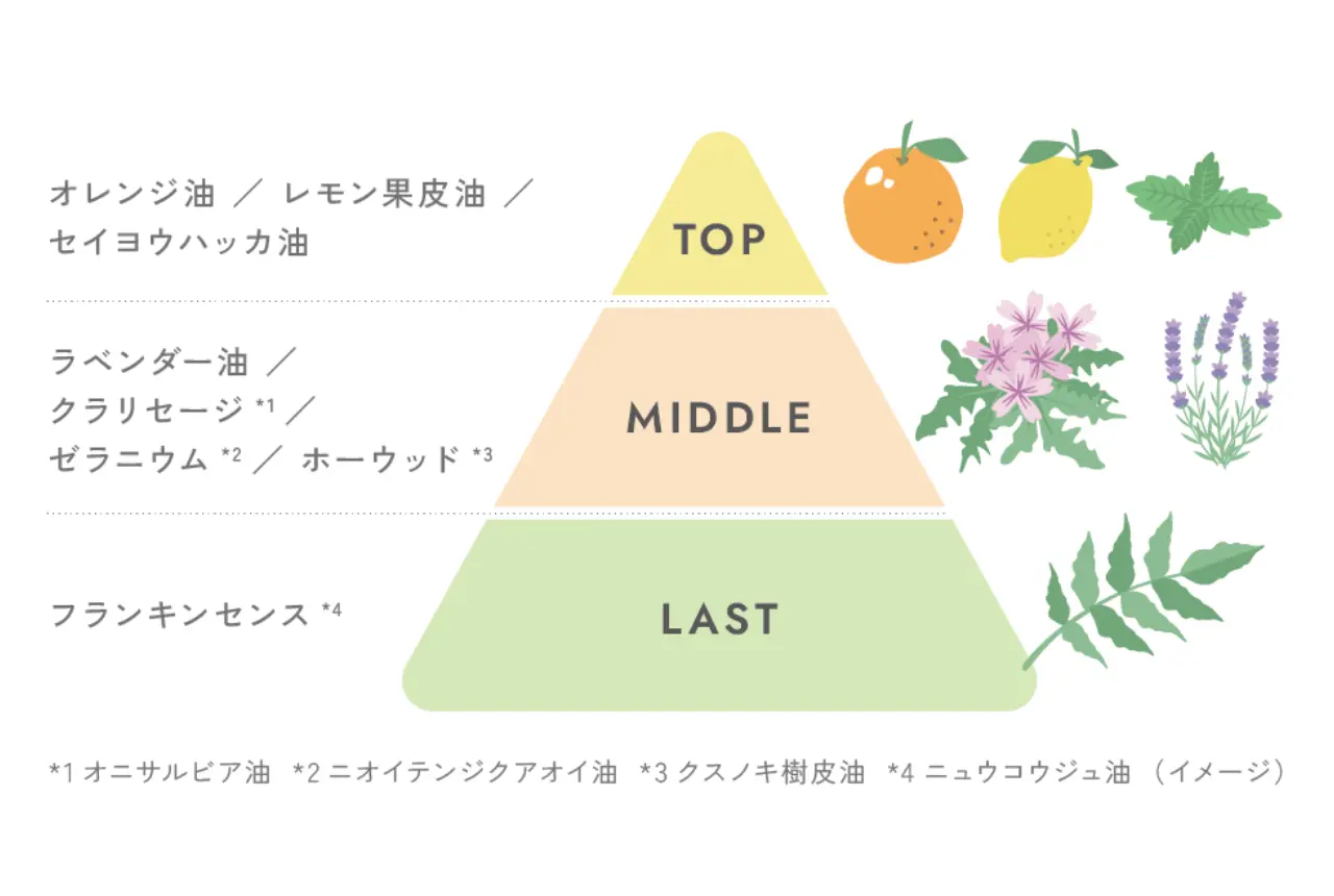 香りの構成図。トップノートはオレンジ油、レモン果皮油、セイヨウハッカ油。ミドルノートはラベンダー油、クラリセージ（オニサルビア油）、ゼラニウム（ニオイテンジクアオイ油）、ホーウッド（クスノキ樹皮油）。ラストノートはフランキンセンス（ニュウコウジュ油）。