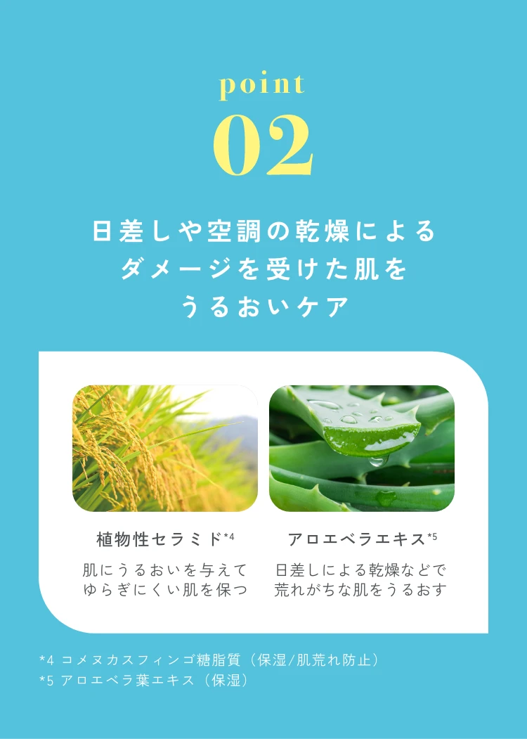 point02 : 日差しや空調の乾燥によるダメージを受けた肌をうるおいケア